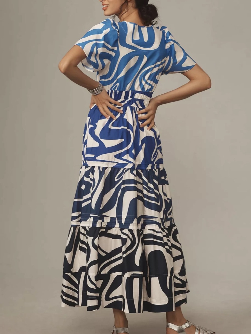 Anthropologie Somerset Slate Blue & White Abstract Tiered Maxi Dress - Picture 2 of 4